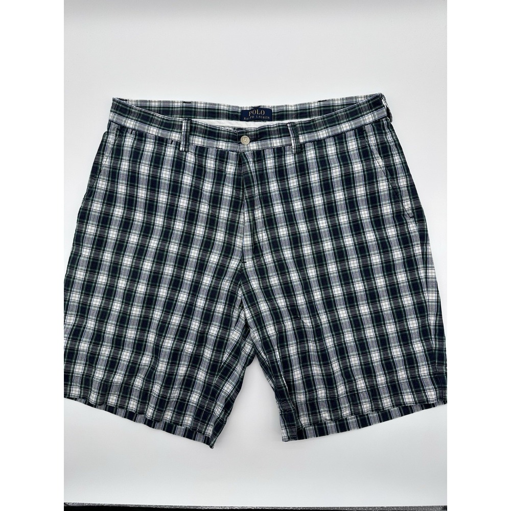 Polo Ralph Lauren Mens Green Navy Blue Plaid Cotton Flat Front Shorts Size 35